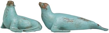 Deco 79 Teal Sea Lion Sculptures with Brown Wood Accents Set of 2