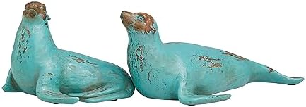 Deco 79 Teal Sea Lion Sculptures with Brown Wood Accents Set of 2