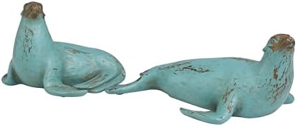 Deco 79 Teal Sea Lion Sculptures with Brown Wood Accents Set of 2