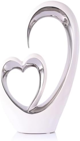 OliRium Silver White Heart Sculpture - Tall Ceramic Couple Decor Statue