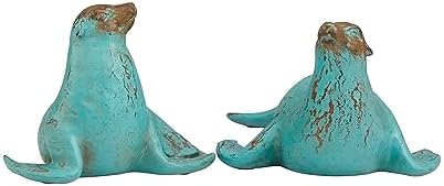 Deco 79 Teal Sea Lion Sculptures with Brown Wood Accents Set of 2