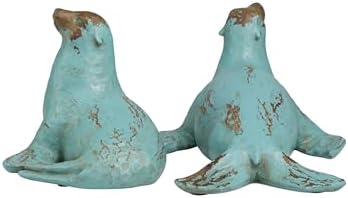 Deco 79 Teal Sea Lion Sculptures with Brown Wood Accents Set of 2