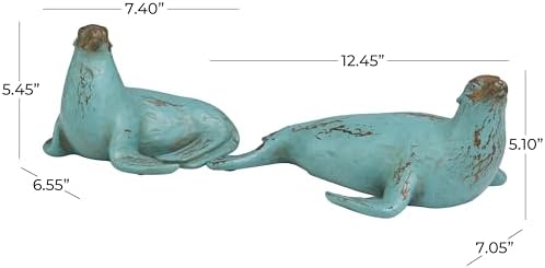 Deco 79 Teal Sea Lion Sculptures with Brown Wood Accents Set of 2