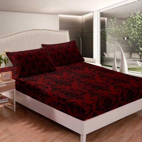 Castle Fairy Red Black Damask Twin Fitted Sheet Set
