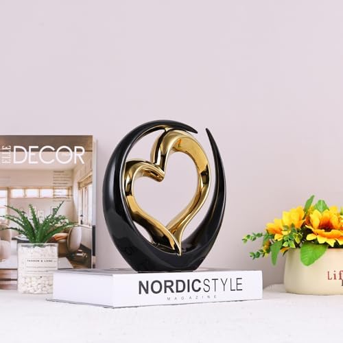 Black and Gold Heart Porcelain Sculpture - Elegant Home Decor
