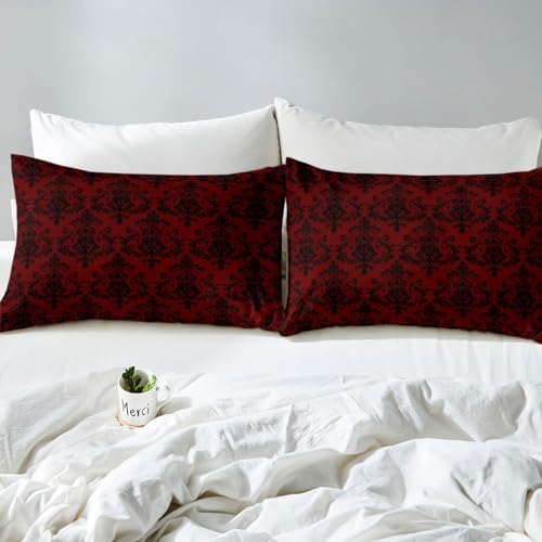 Castle Fairy Red Black Damask Twin Fitted Sheet Set