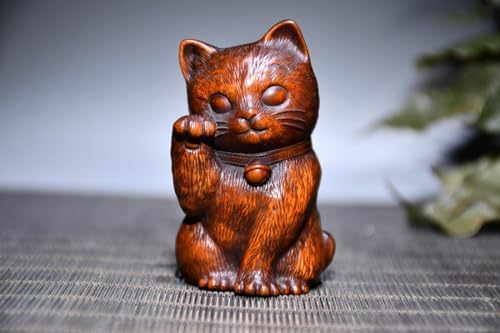 Handmade Boxwood Fortune Cat Statue - Lovable Meditating Home Decor