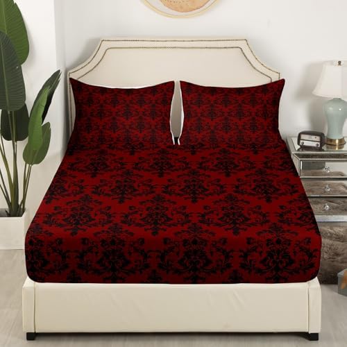 Castle Fairy Red Black Damask Twin Fitted Sheet Set