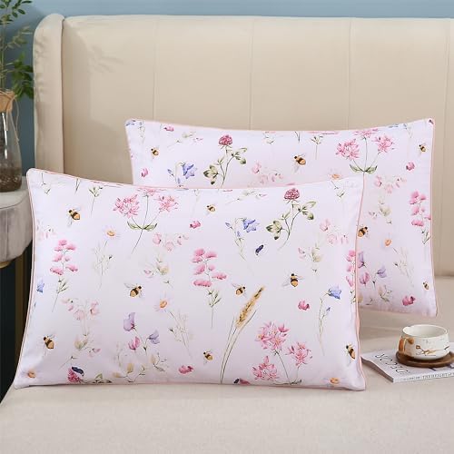 RYNGHIPY Egyptian Cotton King Pillowcases with Floral Bees Print