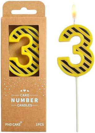 PHD CAKE 3 Number Birthday Candle with Yellow and White Stripes
