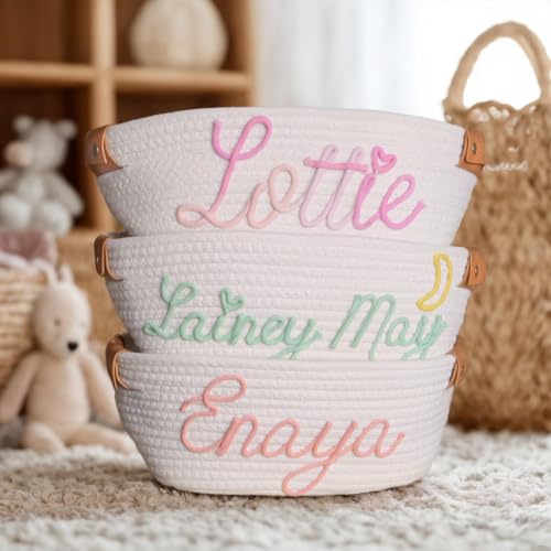 Personalized Leather Baby Shower Basket with Cotton Rope Handles