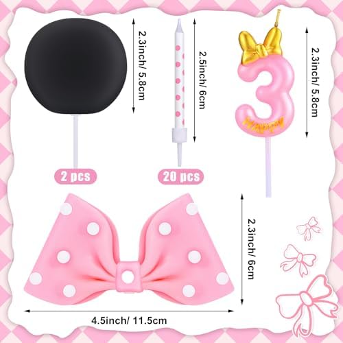 Czlotyh Mouse Cake Candles Pink Bow Ears Decor 3rd Birthday