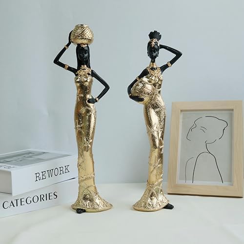 Set of 2 Gold Resin African Women Statues