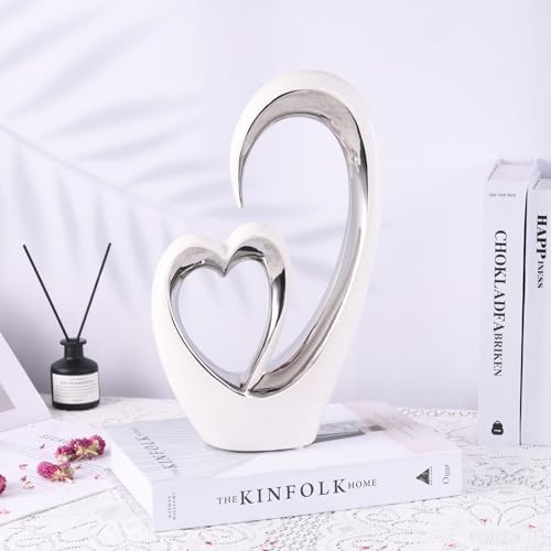 OliRium Silver White Heart Sculpture - Tall Ceramic Couple Decor Statue