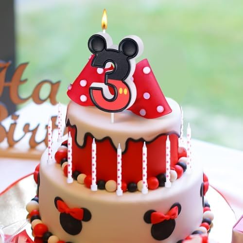 Red Number 3 Birthday Candle with Mouse Ears Design