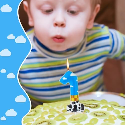 Blue Sky White Cloud Cow Birthday Candle Cake Topper Number 1