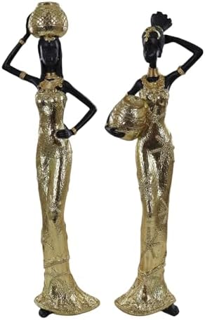 Set of 2 Gold Resin African Women Statues