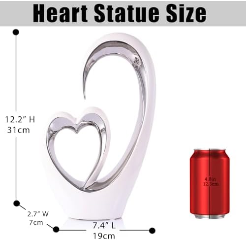 OliRium Silver White Heart Sculpture - Tall Ceramic Couple Decor Statue