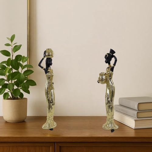 Set of 2 Gold Resin African Women Statues