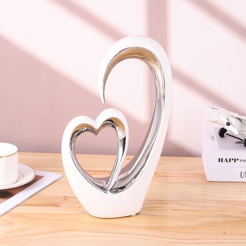 OliRium Silver White Heart Sculpture - Tall Ceramic Couple Decor Statue