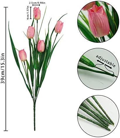 6 Bundles Artificial Tulips Pink UV Resistant Home Garden Decor