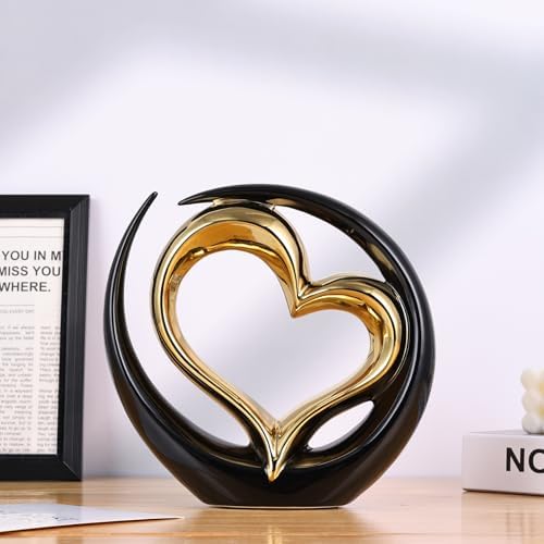Black and Gold Heart Porcelain Sculpture - Elegant Home Decor