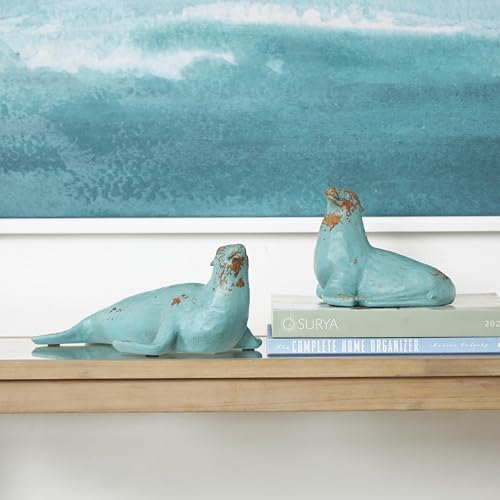 Deco 79 Teal Sea Lion Sculptures with Brown Wood Accents Set of 2