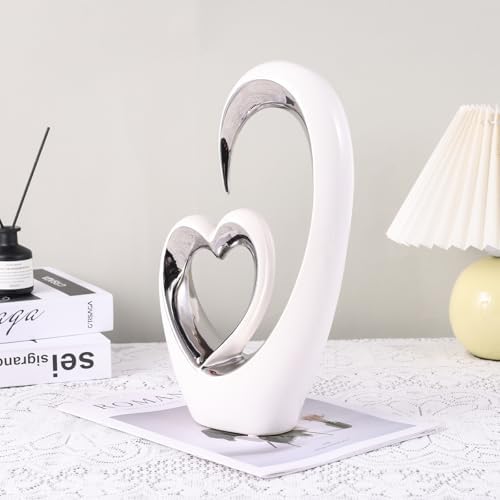 OliRium Silver White Heart Sculpture - Tall Ceramic Couple Decor Statue