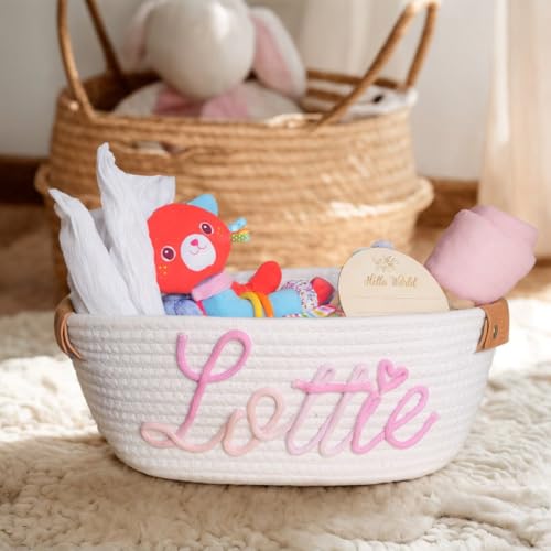 Personalized Leather Baby Shower Basket with Cotton Rope Handles