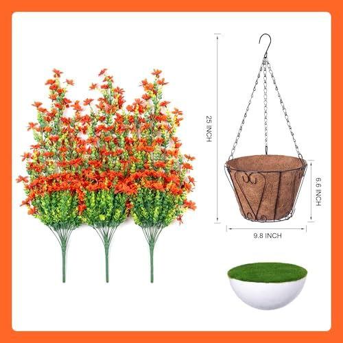 INXUGAO Artificial Hanging Flower Basket with Faux Silk Bougainvillea and Eucalyptus Leaves - Orange