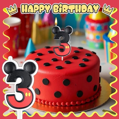 Red Number 3 Birthday Candle with Mouse Ears Design