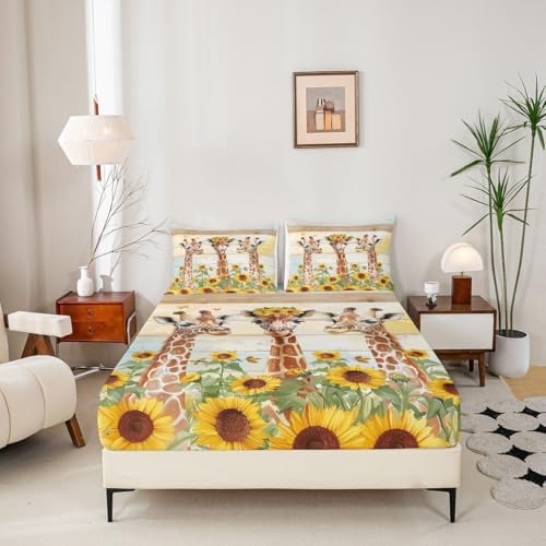 Castle Fairy Cartoon Giraffe Fitted Sheet Set Twin Size Yellow Sunflower