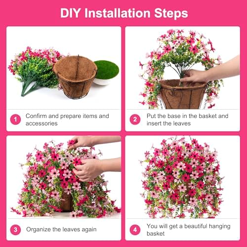 Artificial Hanging Flower Basket with Metal Chains and Faux Silk Flowers Rose Pink