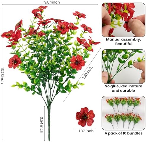 10Pcs Artificial Faux Flowers Red Outdoor Decor