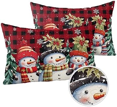 Waterproof Pillow Protector 2 Pack - Snowman Snowflake Plaid Christmas 12x20