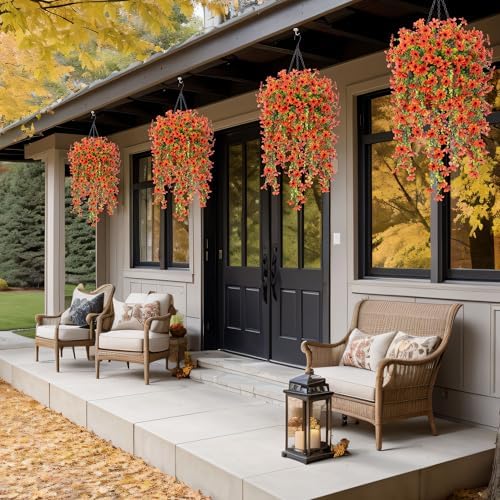 INXUGAO Artificial Hanging Flower Basket with Faux Silk Bougainvillea and Eucalyptus Leaves - Orange