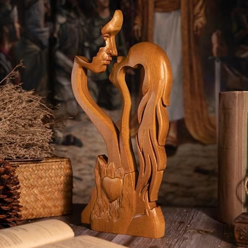 Wooden Kissing Couple Ornament - 10 Inch Romantic Statue