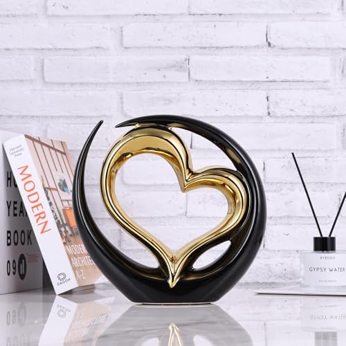 Black and Gold Heart Porcelain Sculpture - Elegant Home Decor