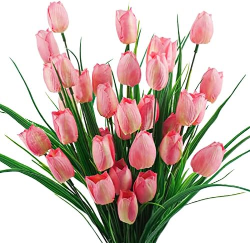 6 Bundles Artificial Tulips Pink UV Resistant Home Garden Decor