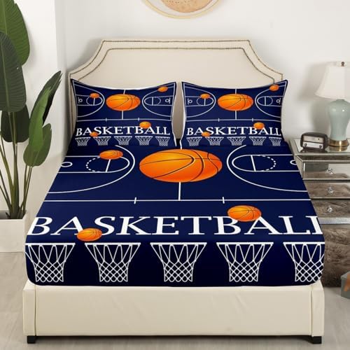 Castle Fairy Basketball Fitted Sheet Twin Size Navy Blue Design