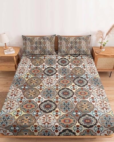 King Fitted Sheet Deep Pocket with Elastic and Abstract Floral Pattern