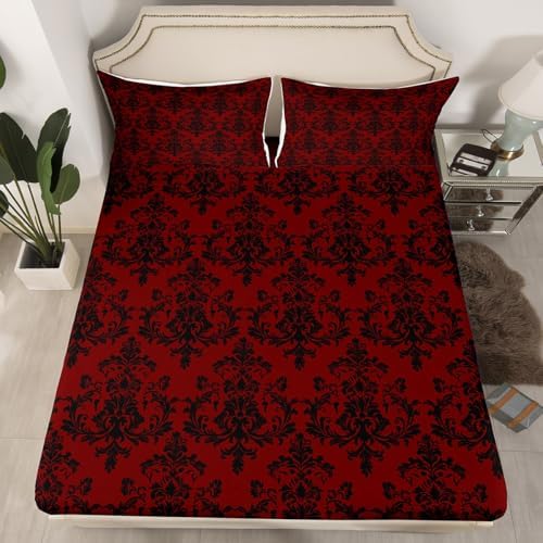 Castle Fairy Red Black Damask Twin Fitted Sheet Set