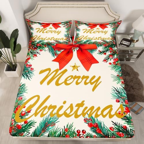 Homewish Merry Christmas Fitted Sheet Twin Size with 1 Pillowcase