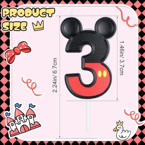 Red Number 3 Birthday Candle with Mouse Ears Design