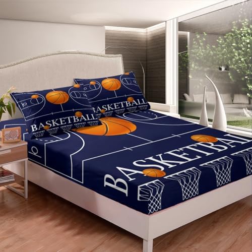 Castle Fairy Basketball Fitted Sheet Twin Size Navy Blue Design