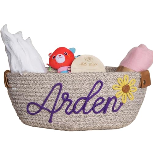 Personalized Leather Baby Shower Basket with Cotton Rope Handles