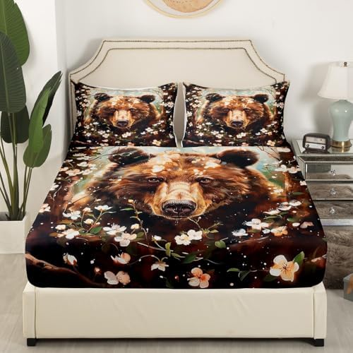 Homewish Bear Print Fitted Sheet Twin Size with Pillowcase 1