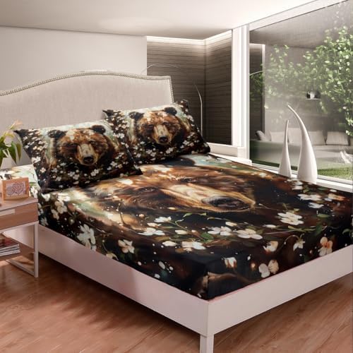 Homewish Bear Print Fitted Sheet Twin Size with Pillowcase 1