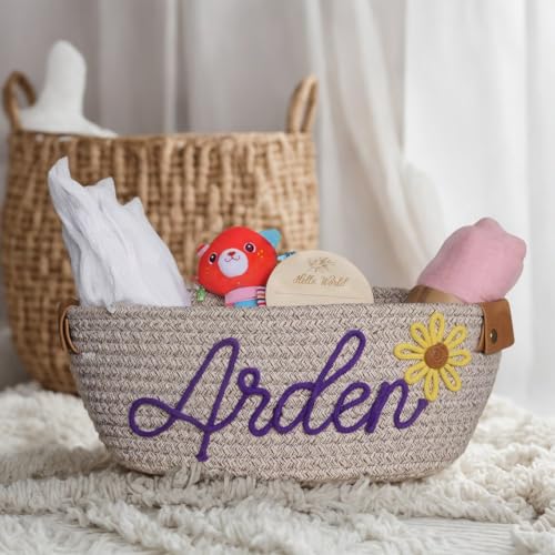 Personalized Leather Baby Shower Basket with Cotton Rope Handles