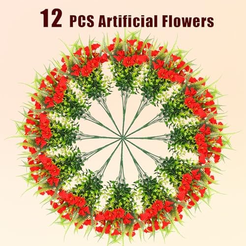 HIAGROW 12 Bundle Red Artificial Flowers with Fern 1